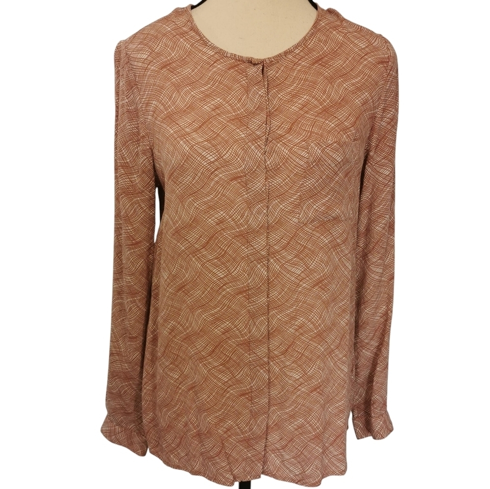 Boden Gwyneth Brown/Cream Collarless Button Front Blouse - Sz 6